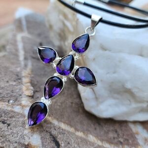 Italian Leather Necklace Rhodium/Silver Cross Pendant Amethyst Stone